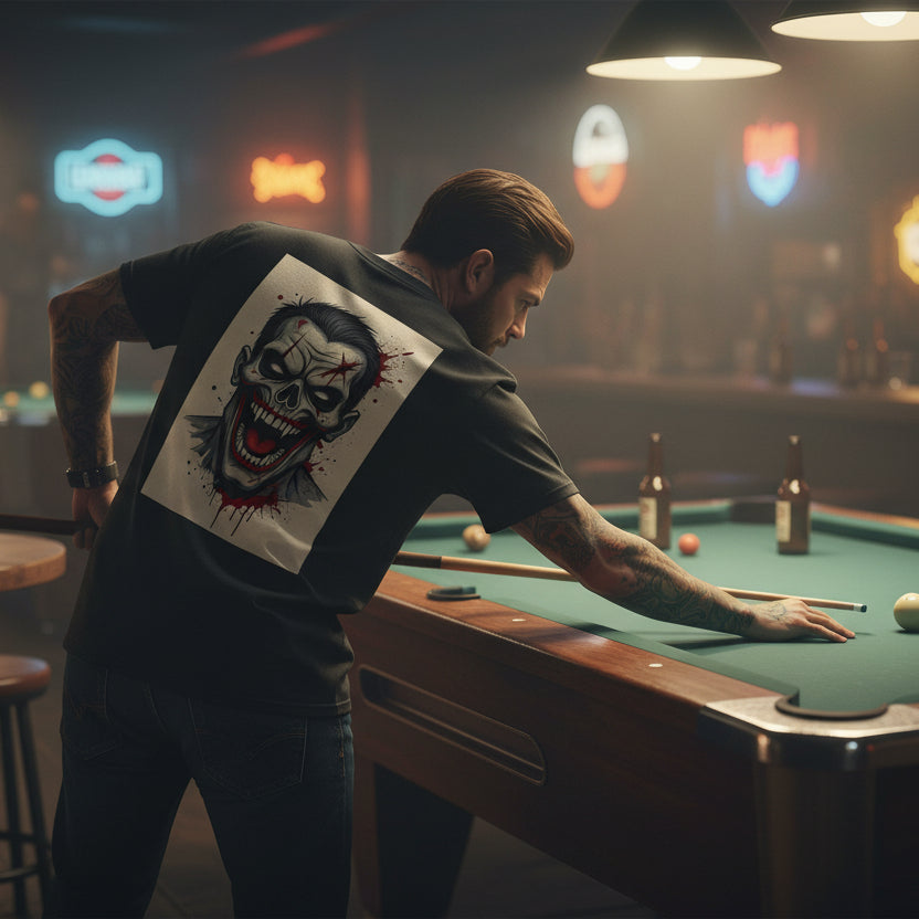 Gangland Vampire with Pixel Monster pocket logo T‑Shirt — Retro Gothic Vampire Streetwear Tee