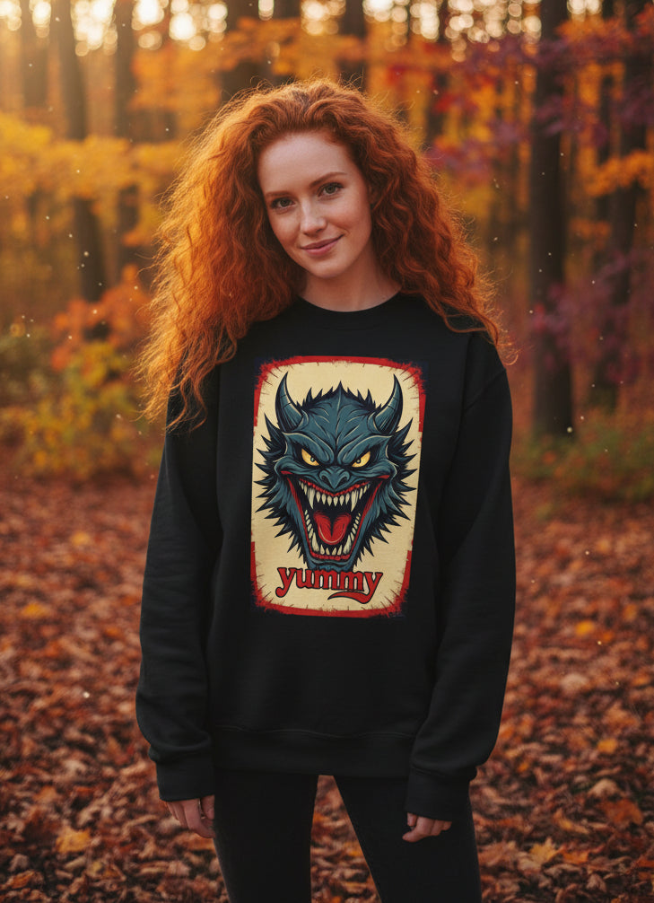 Blue Beast Crewneck Sweatshirt — "Yummy, Blue beast" Graphic