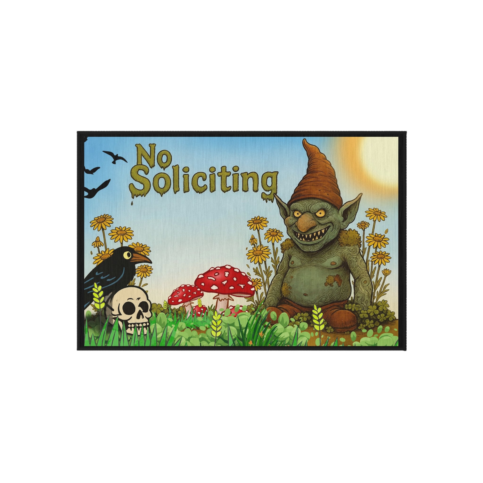No Soliciting Outdoor Rug — Whimsical Garden Gnome Doormat