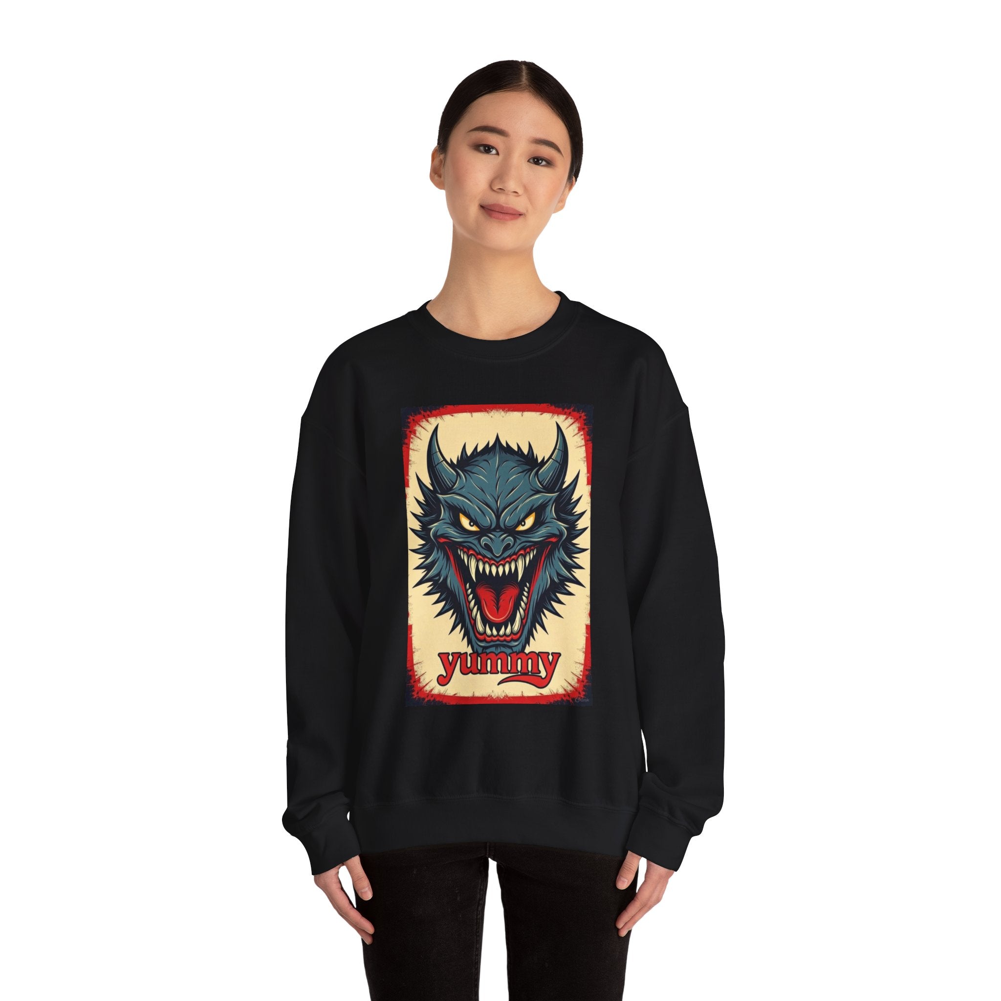 Blue Beast Crewneck Sweatshirt — "Yummy, Blue beast" Graphic