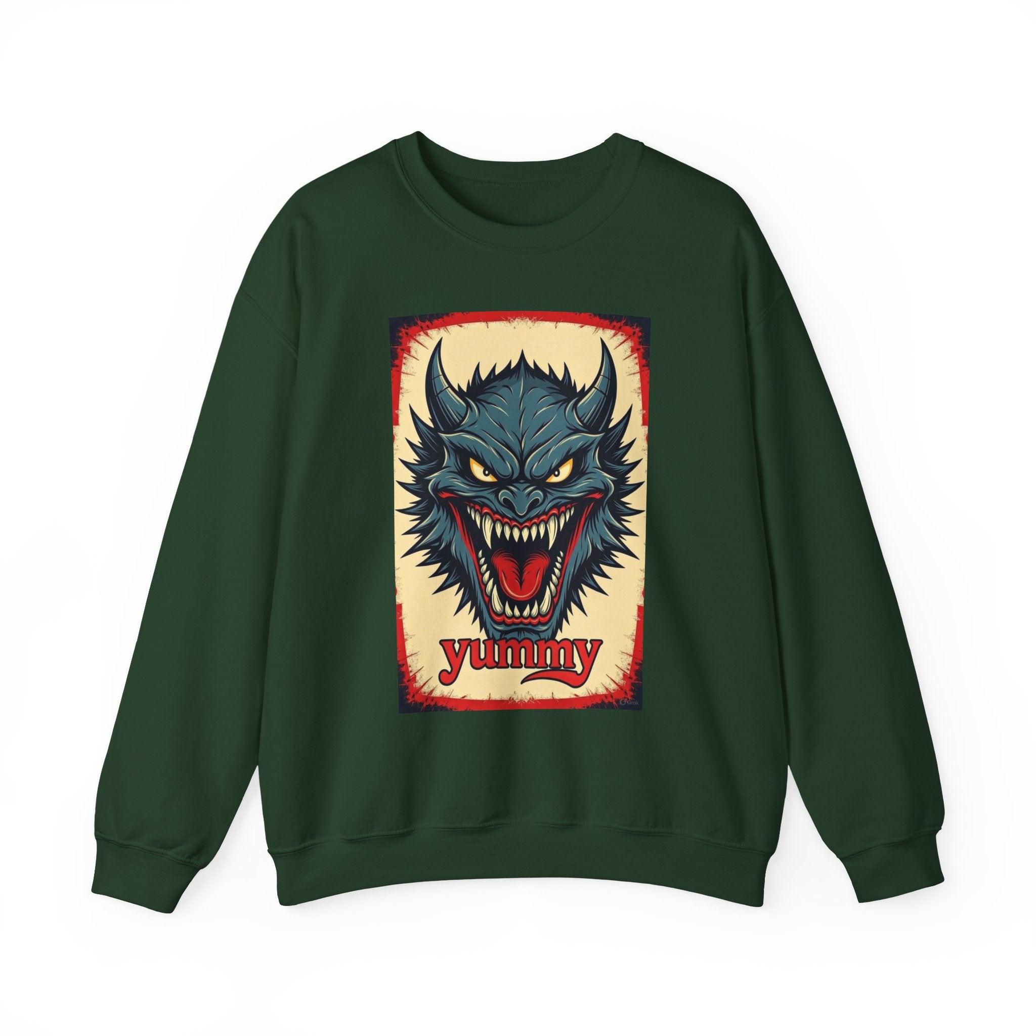 Blue Beast Crewneck Sweatshirt — "Yummy, Blue beast" Graphic