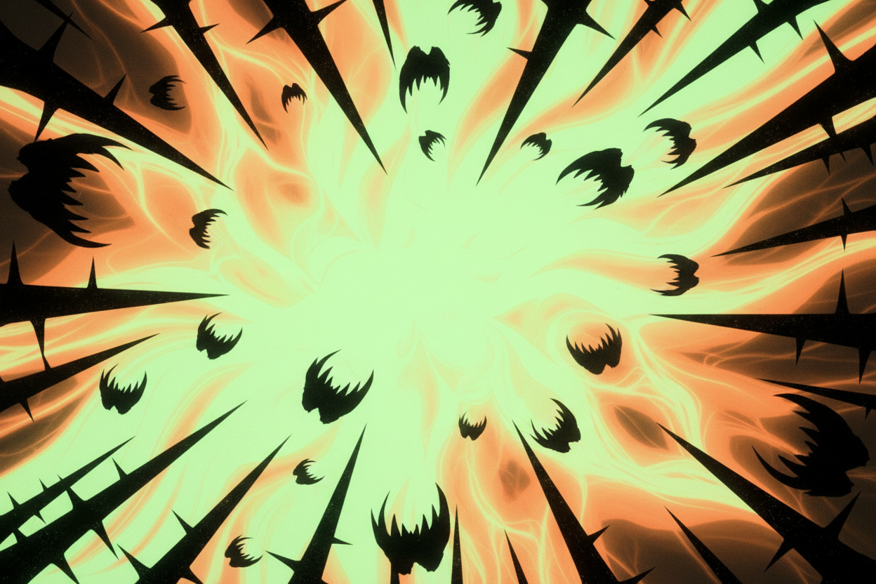 Sign up form back ground with light green and orange elements, black thorns, spikes or teeth. 